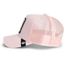 Light pink Goorin Bros trucker hat with mesh back featuring embroidered black panther patch labeled PANTHER on front panel
