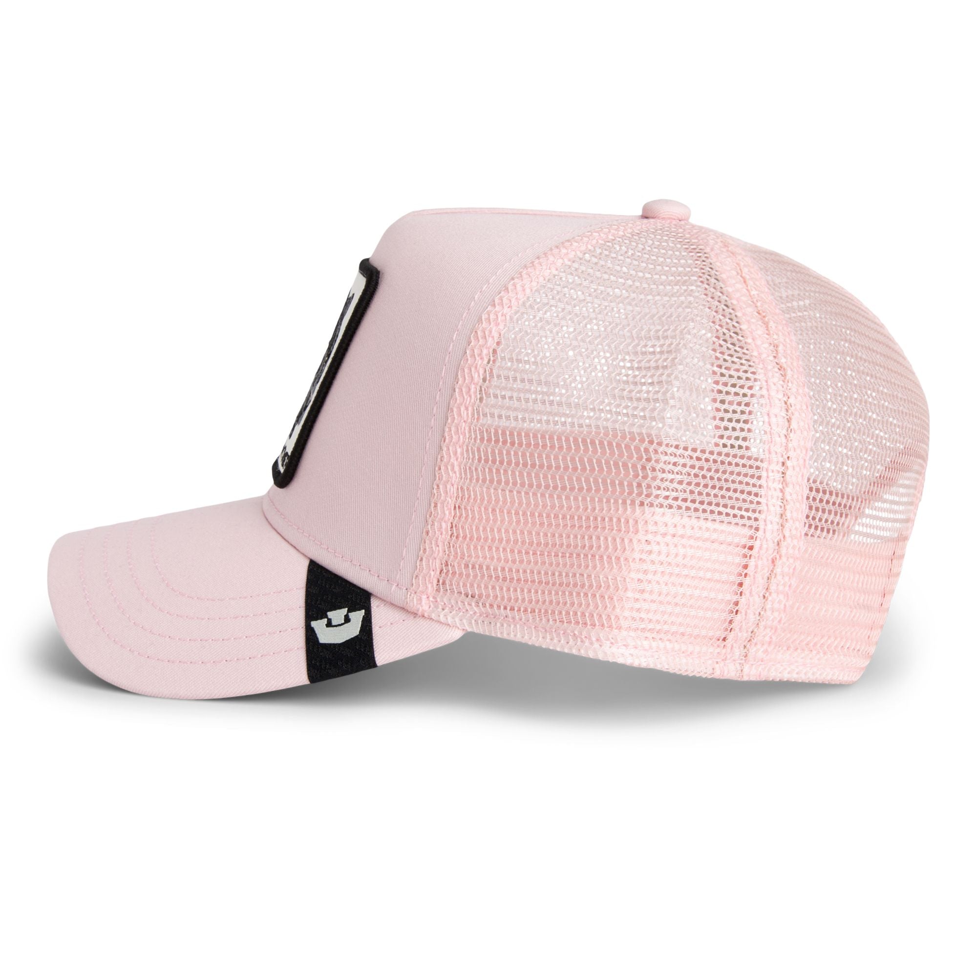 Light pink Goorin Bros trucker hat with mesh back featuring embroidered black panther patch labeled PANTHER on front panel
