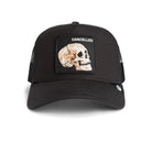 Goorin Bros Cancelled Skull Trucker Hat in black with embroidered skull patch