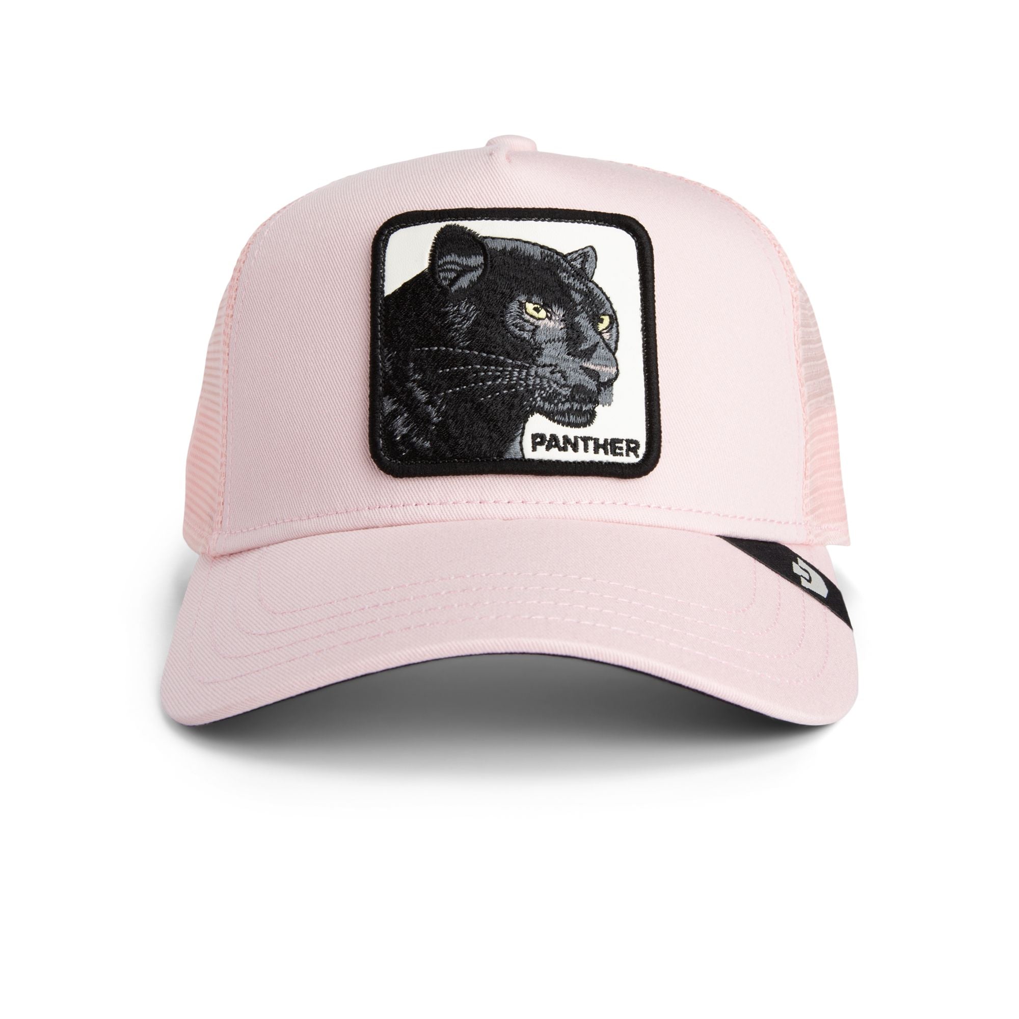 Light pink Goorin Bros trucker hat with mesh back featuring embroidered black panther patch labeled PANTHER on front panel
