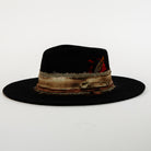 Black fedora hat with decorative band on a white background