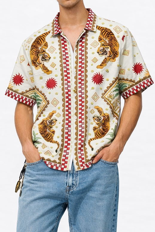 tiger print short sleeve shirt on model white background