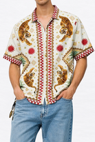 tiger print short sleeve shirt on model white background