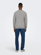 Person wearing a gray sweater and blue jeans on a white background By Only & Sons