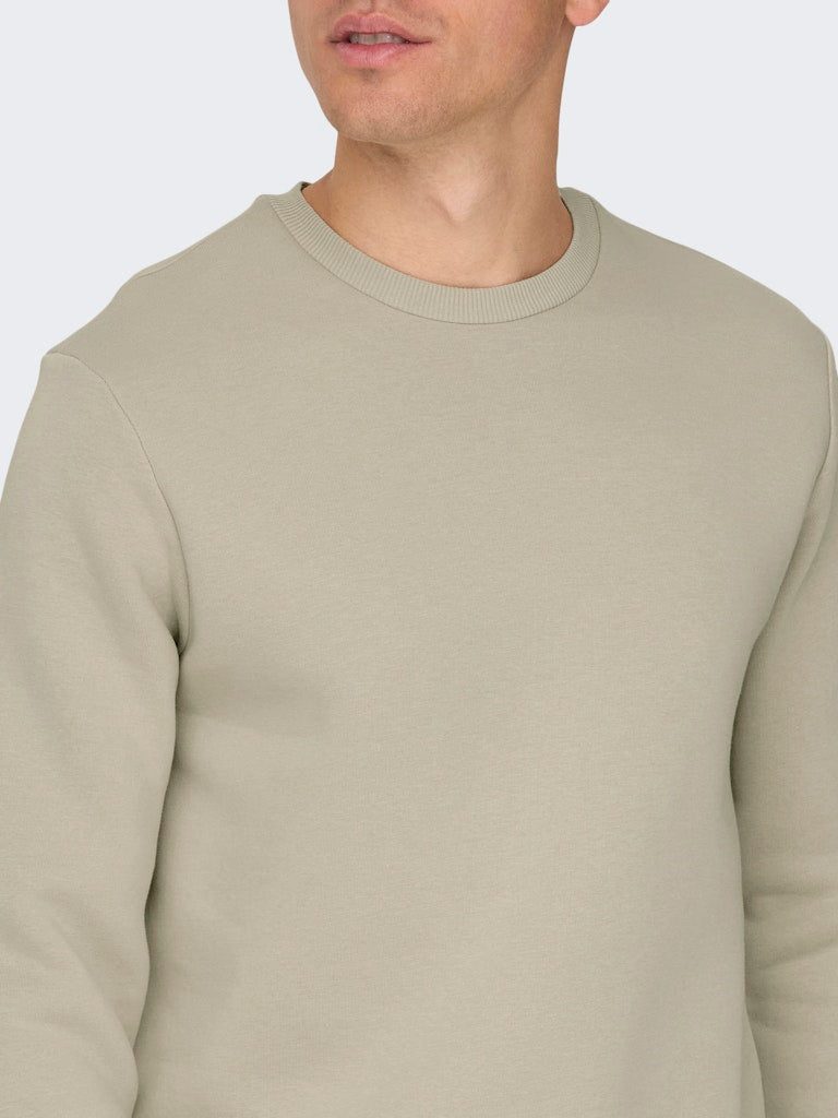 Beige sweatshirt worn by a person on a light gray background By Only & Sons