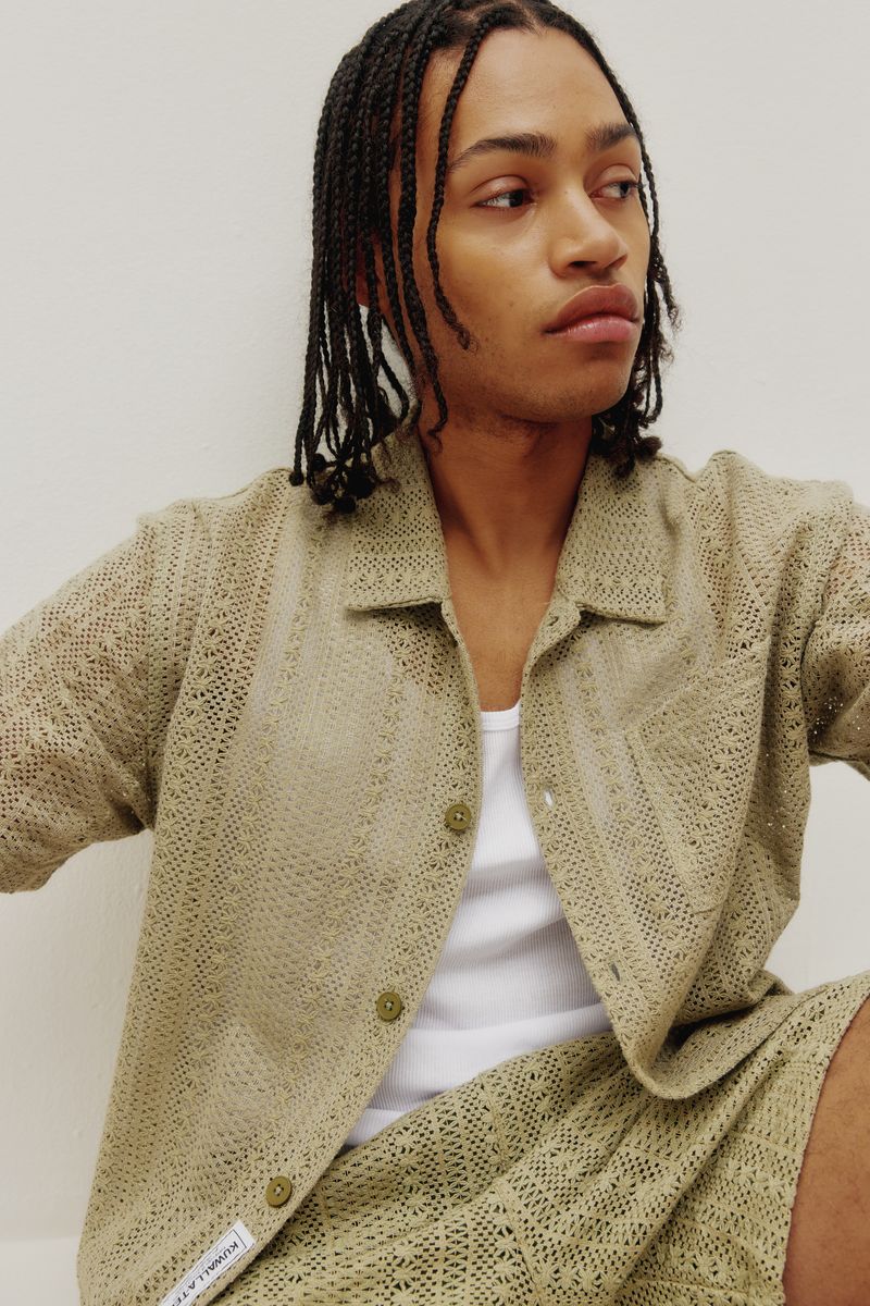 mens crochet shirt sage relaxed fit