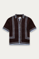 brown baby blue crochet knit shirt front view