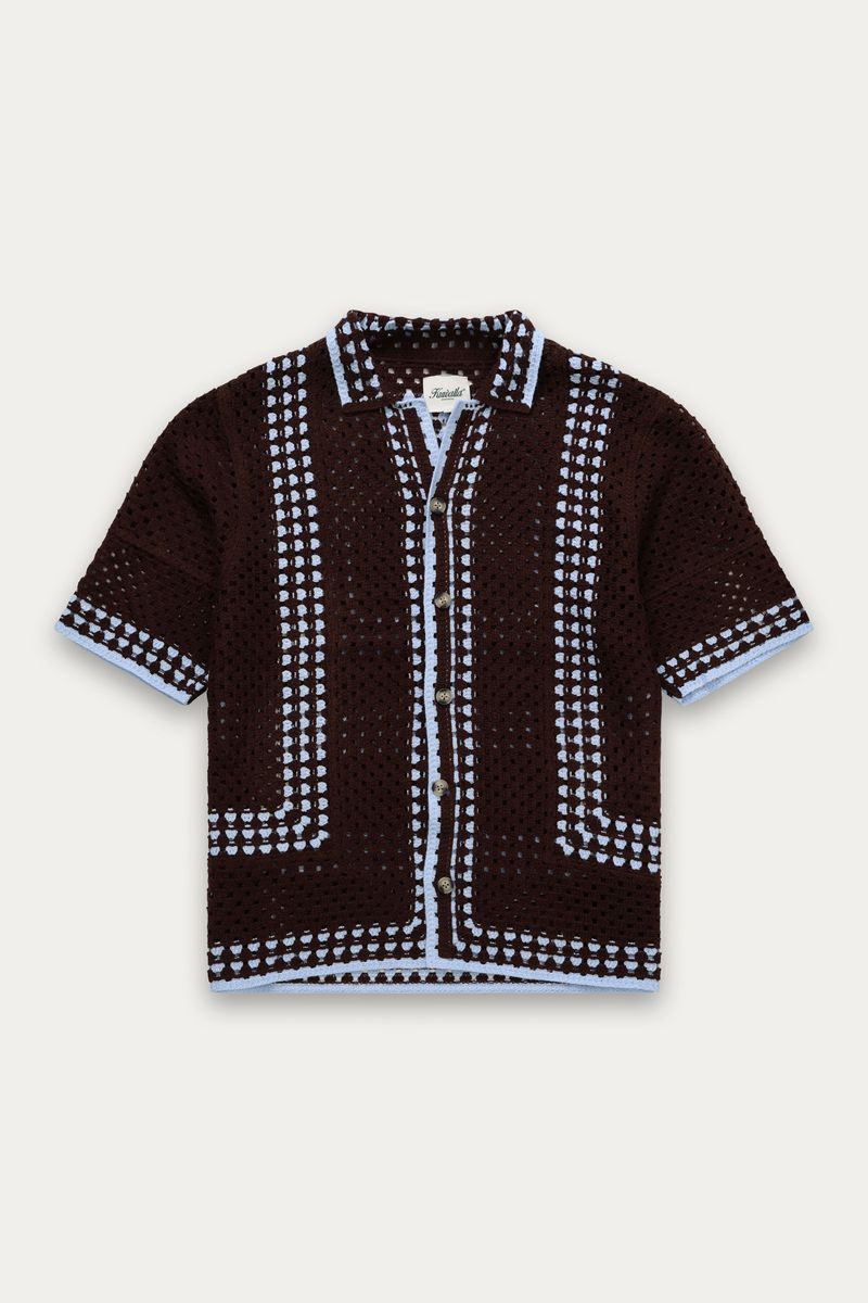 brown baby blue crochet knit shirt front view