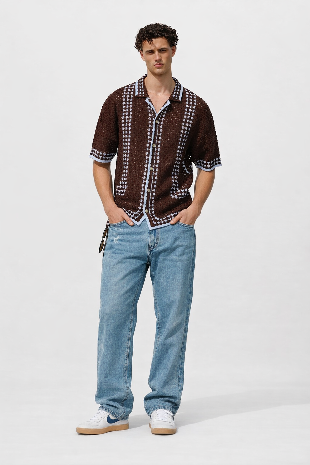 textured knit short sleeve shirt brown blue detail