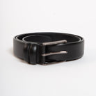 slim black leather belt with silver buckle