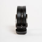 black leather dress belt with stitched detail