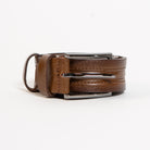 chestnut brown leather dress belt with brushed buckle