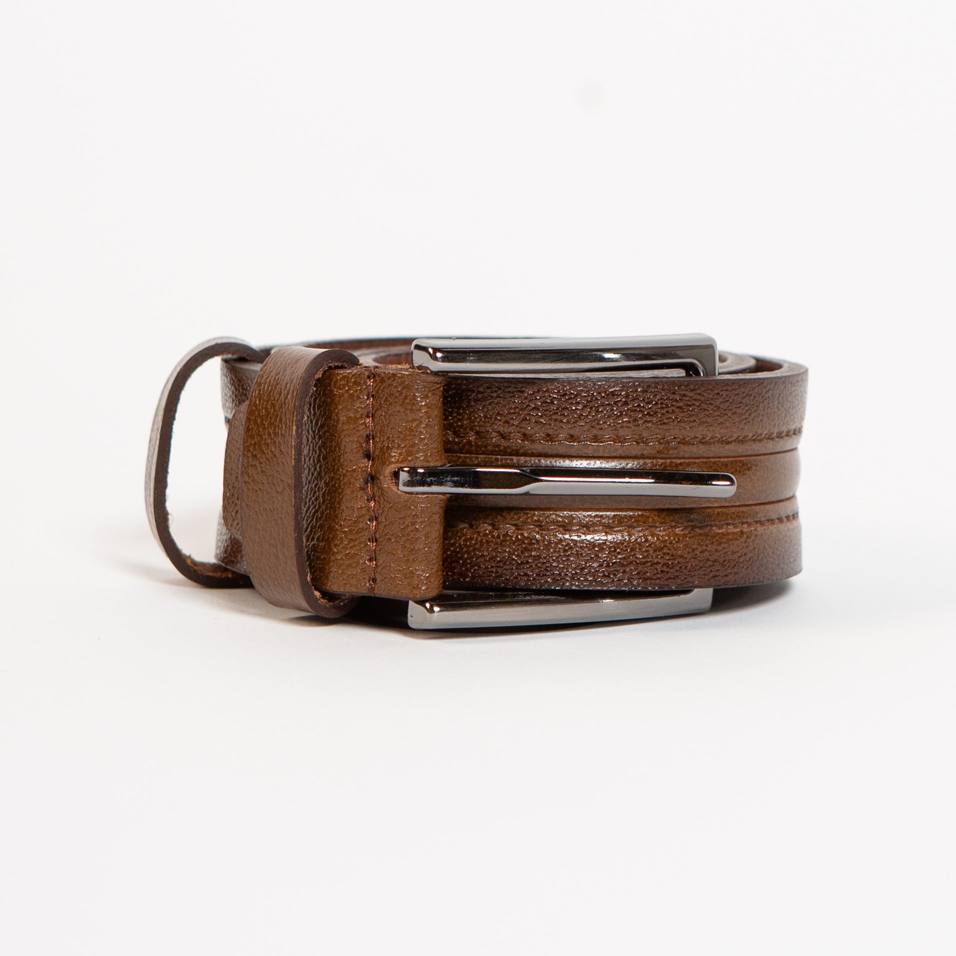 chestnut brown leather dress belt with brushed buckle