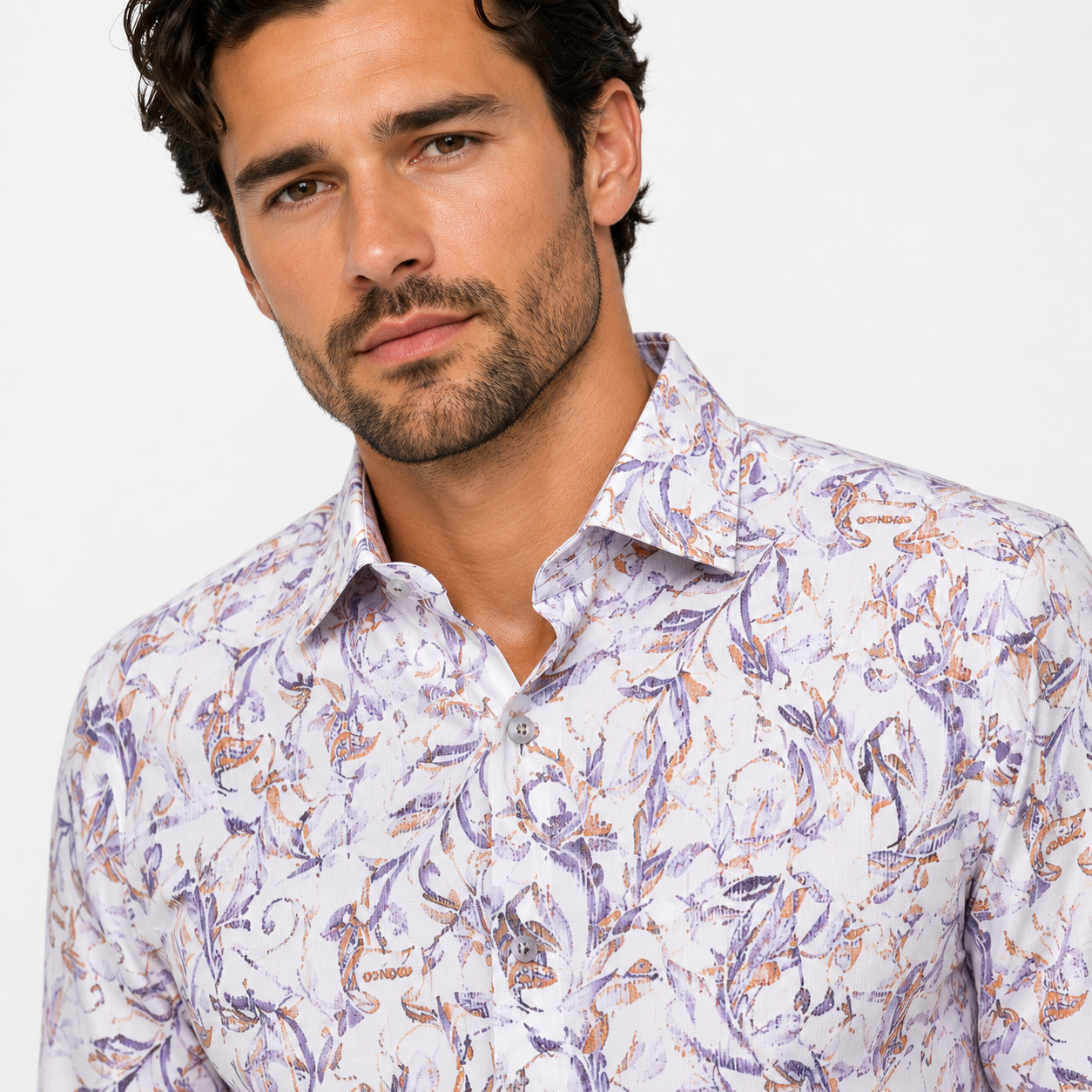 Lilac Floral Dress Shirt - Close-Up Detail on Model