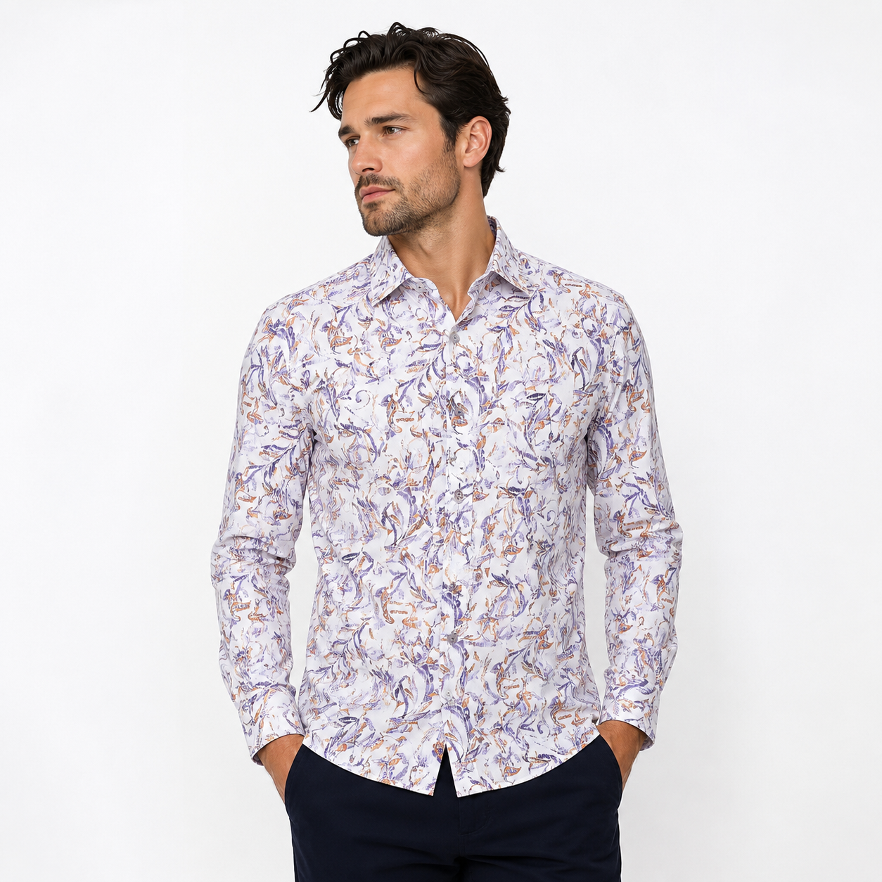 Lilac Floral Dress Shirt - Front View on Model