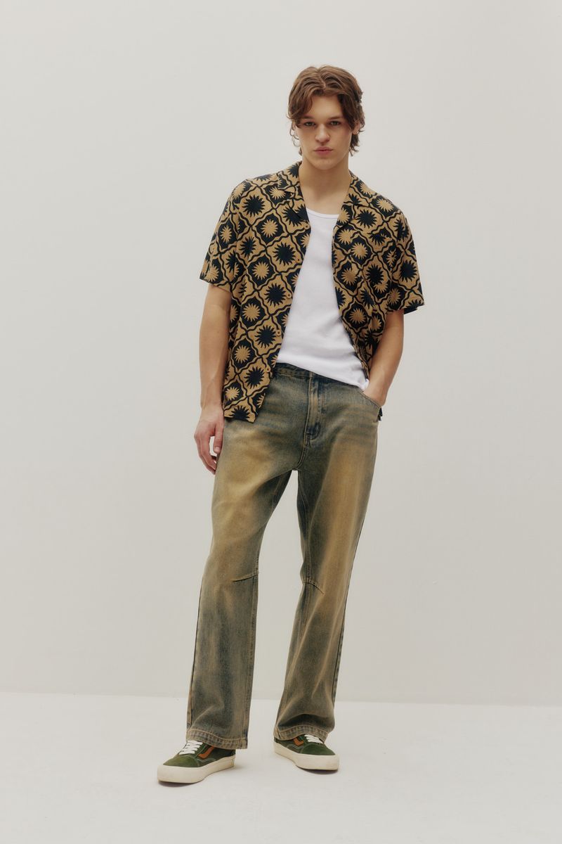 sunny tile print shirt with denim styling