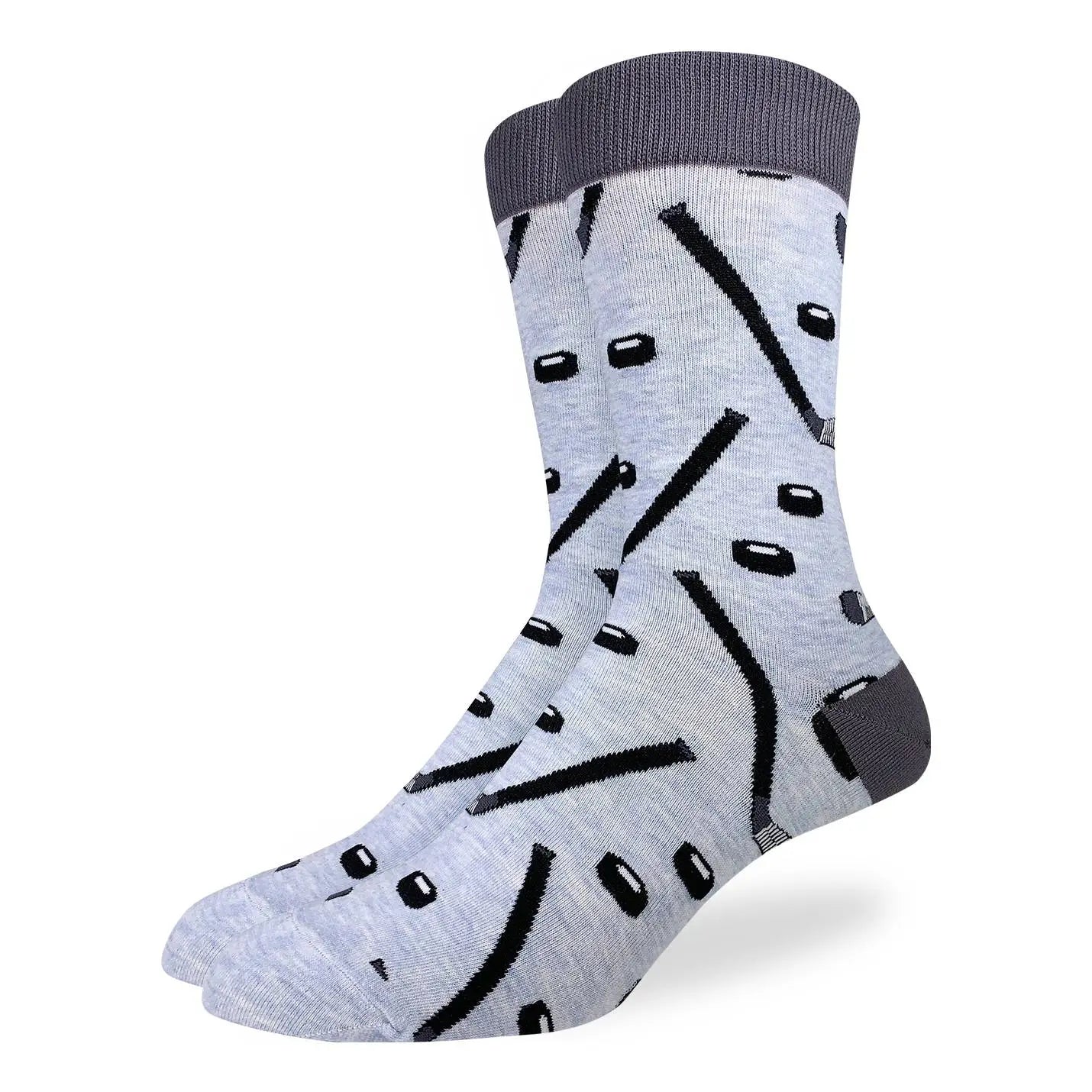 Men’s light grey crew socks with playful black hockey stick and puck pattern, available at Bia Boro boutique in Vancouver