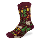 Men’s burgundy woodland bunny socks with vibrant green fern and floral patterns, available at Bia Boro boutique in Vancouver.