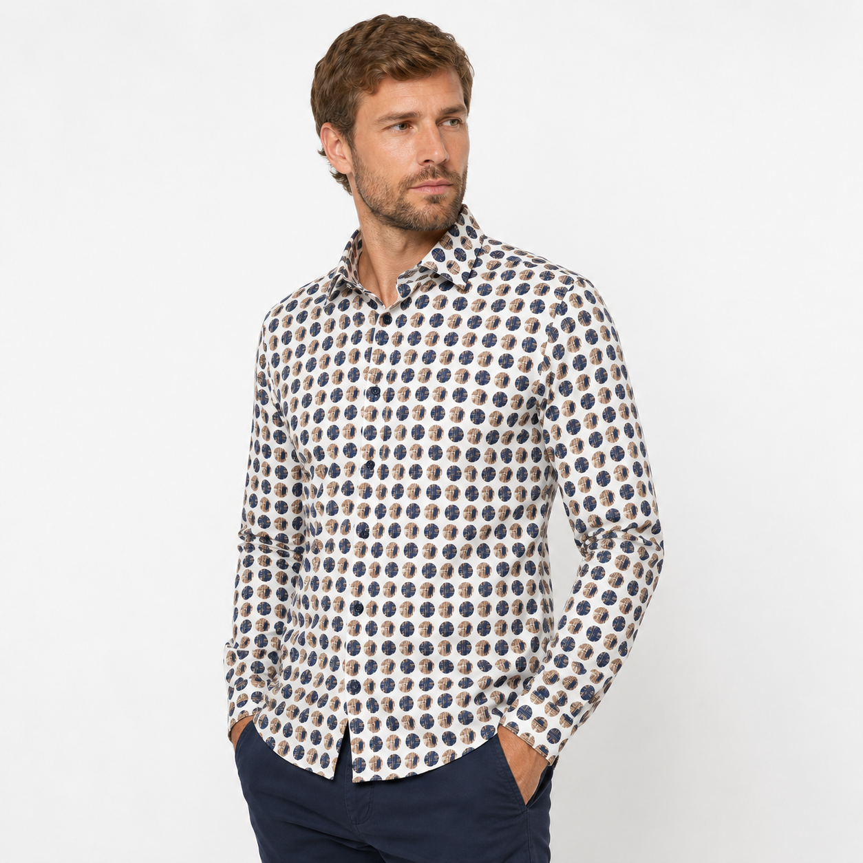 Navy Dot Print Dress Shirt - Front View on Model