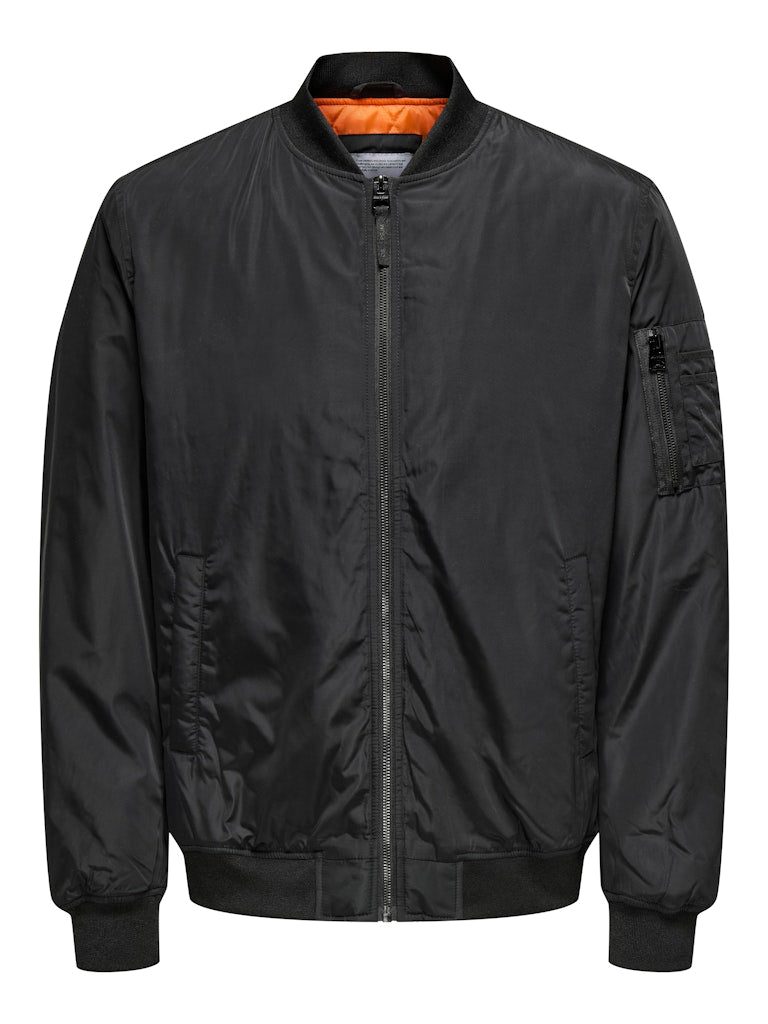 ONLY & SONS black bomber jacket — classic design with orange inner lining.