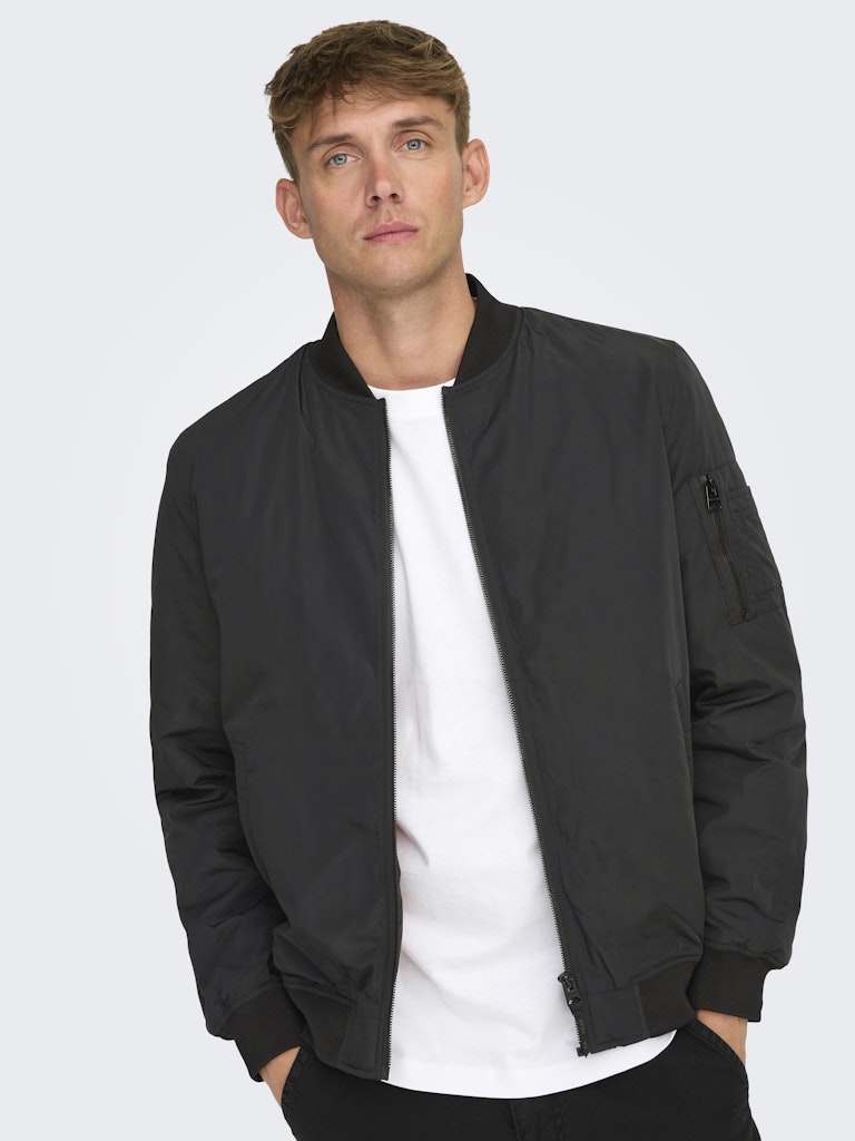 ONLY & SONS black bomber jacket — classic design with orange inner lining.