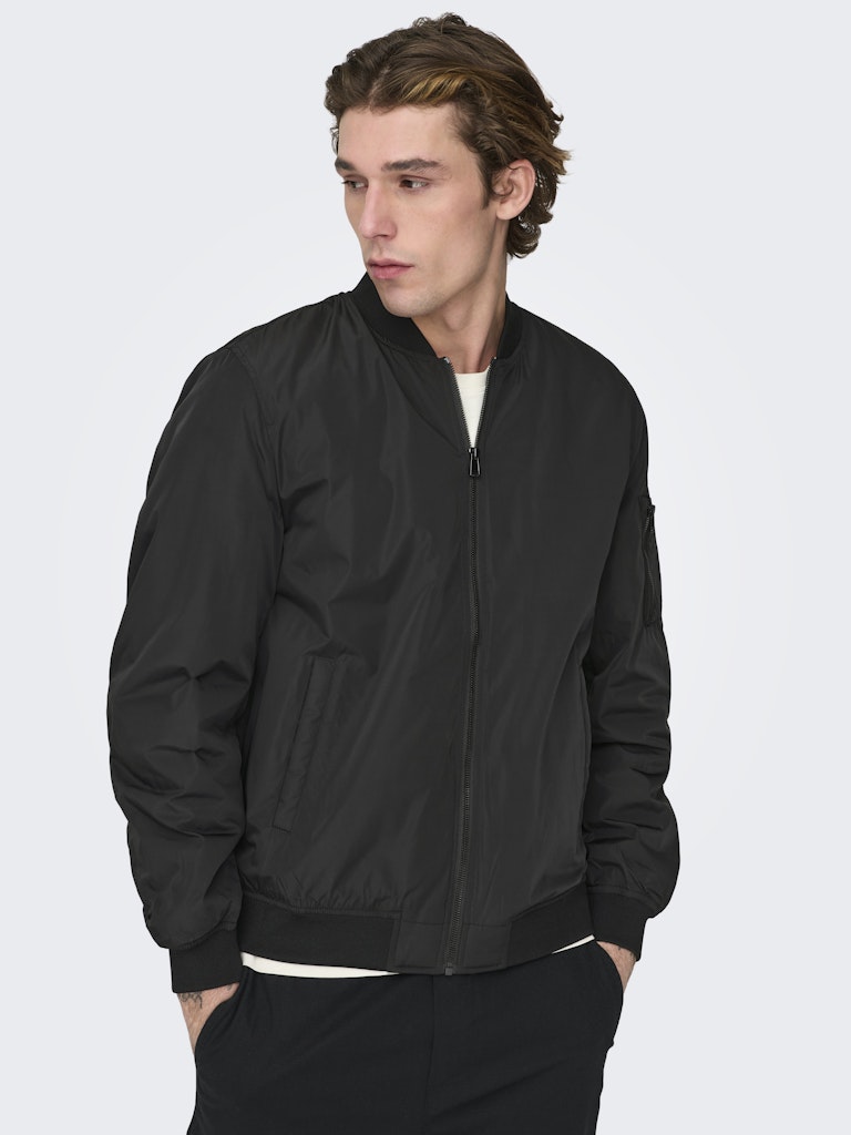 ONLY & SONS black bomber jacket — classic design with orange inner lining.
