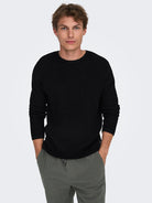 ONLY & SONS black textured knit sweater — long-sleeve crew neck pullover with minimalist design from Fall Winter collection.