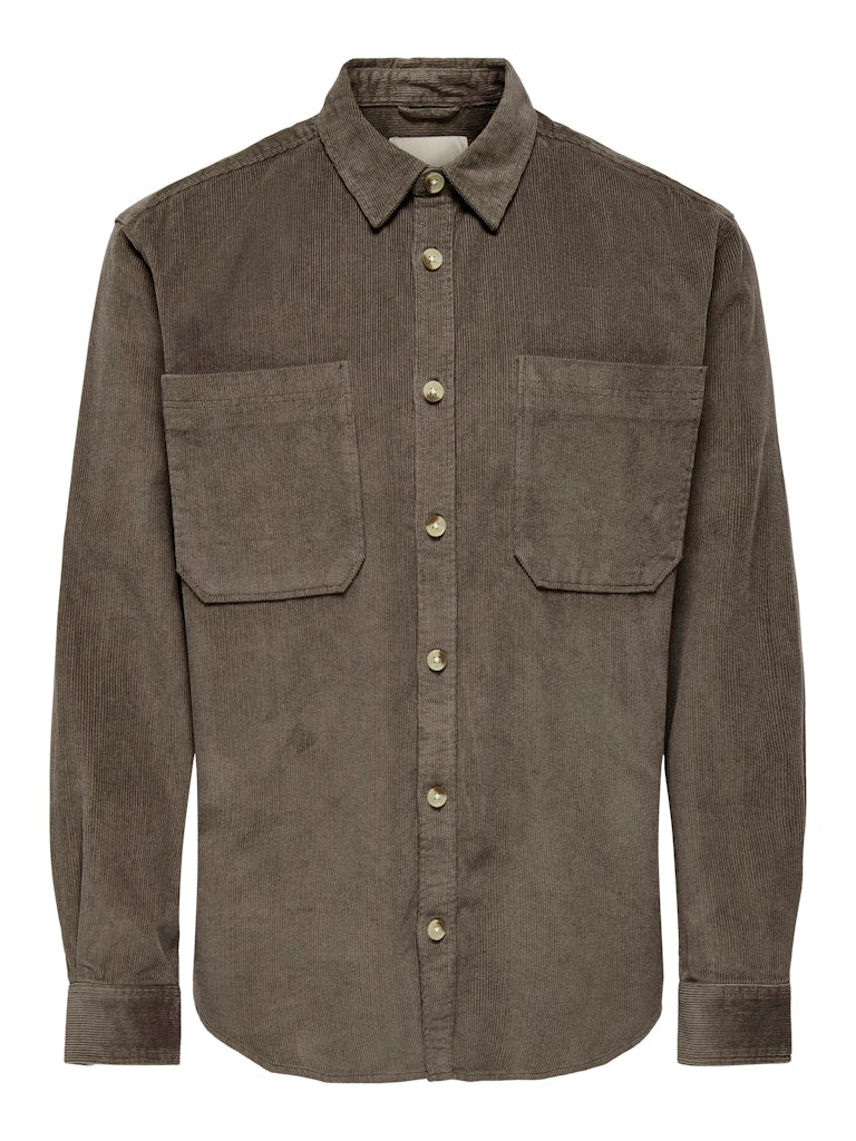 ONLY & SONS coffee brown corduroy shirt — relaxed fit with button fastening and twin chest pockets.