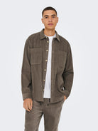 ONLY & SONS coffee brown corduroy shirt — relaxed fit with button fastening and twin chest pockets.