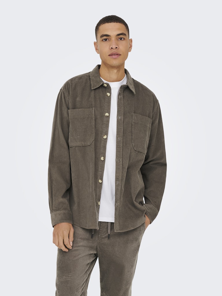 ONLY & SONS coffee brown corduroy shirt — relaxed fit with button fastening and twin chest pockets.