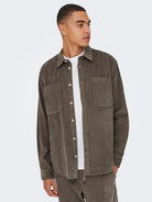 ONLY & SONS coffee brown corduroy shirt — relaxed fit with button fastening and twin chest pockets.