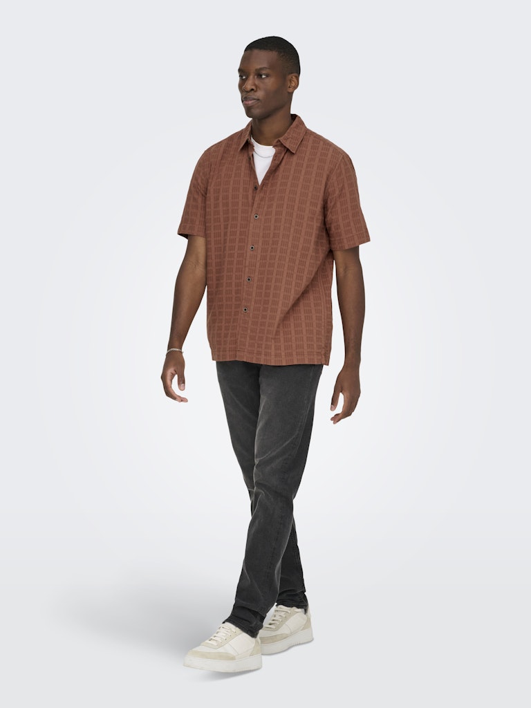 wilson brown short sleeve woven cotton shirt walking full body model sneakers