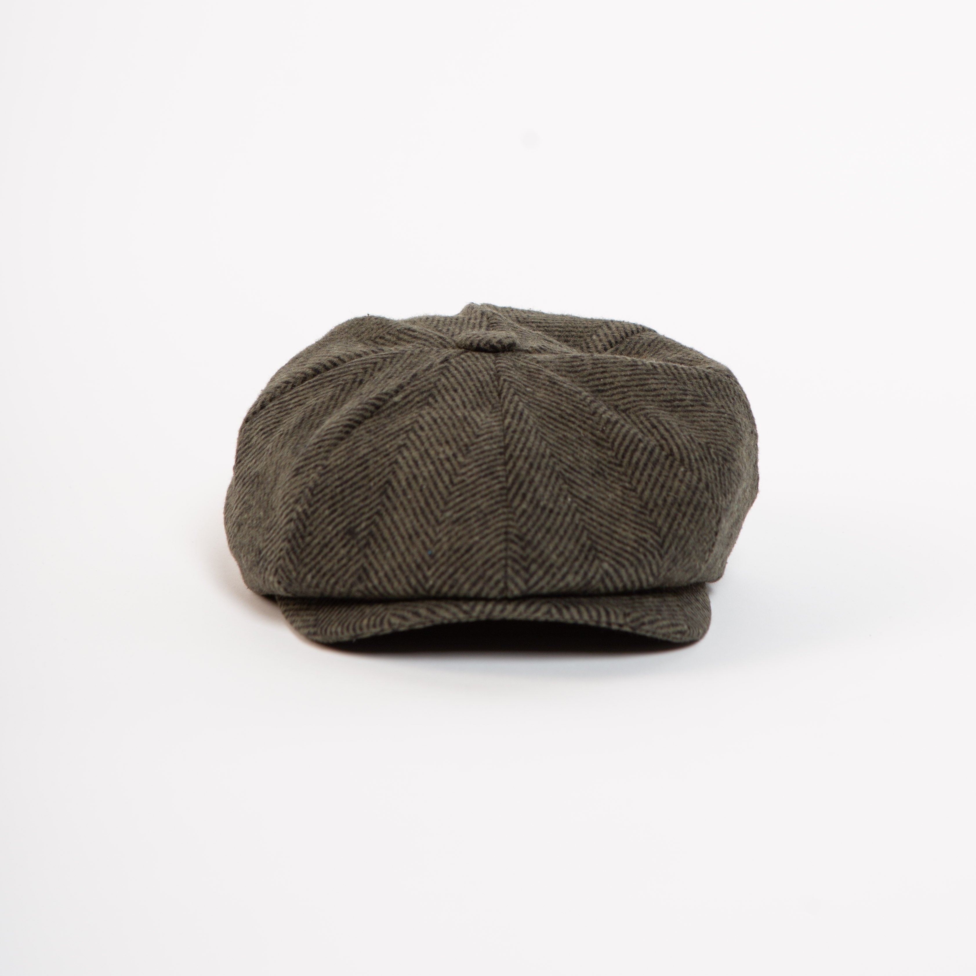 wool blend paperboy cap olive herringbone front view