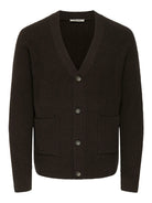 Dark brown ribbed cardigan with button details on a white background by Only & Sons