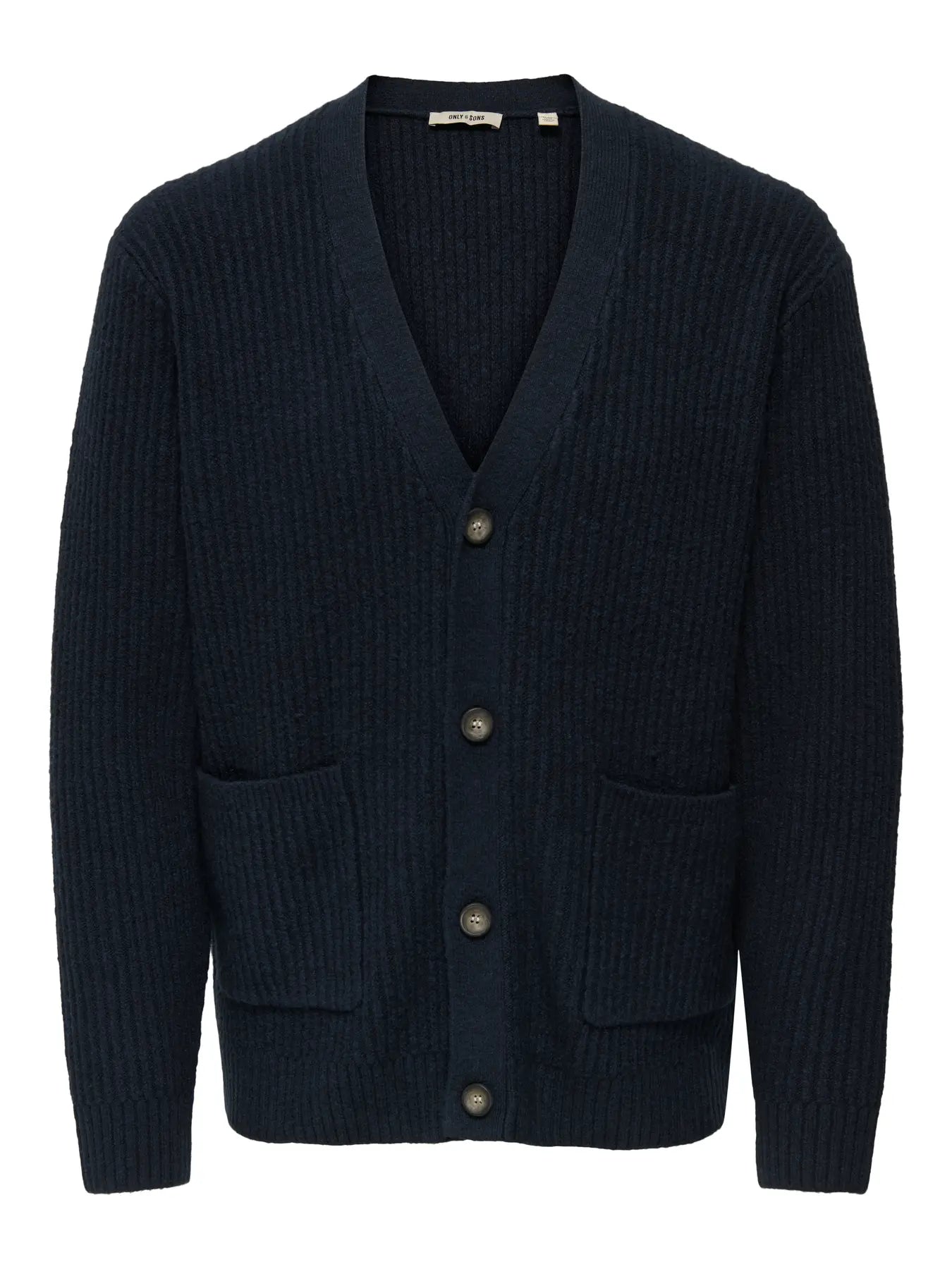 Navy blue ribbed cardigan with button details on a white background by only & sons
