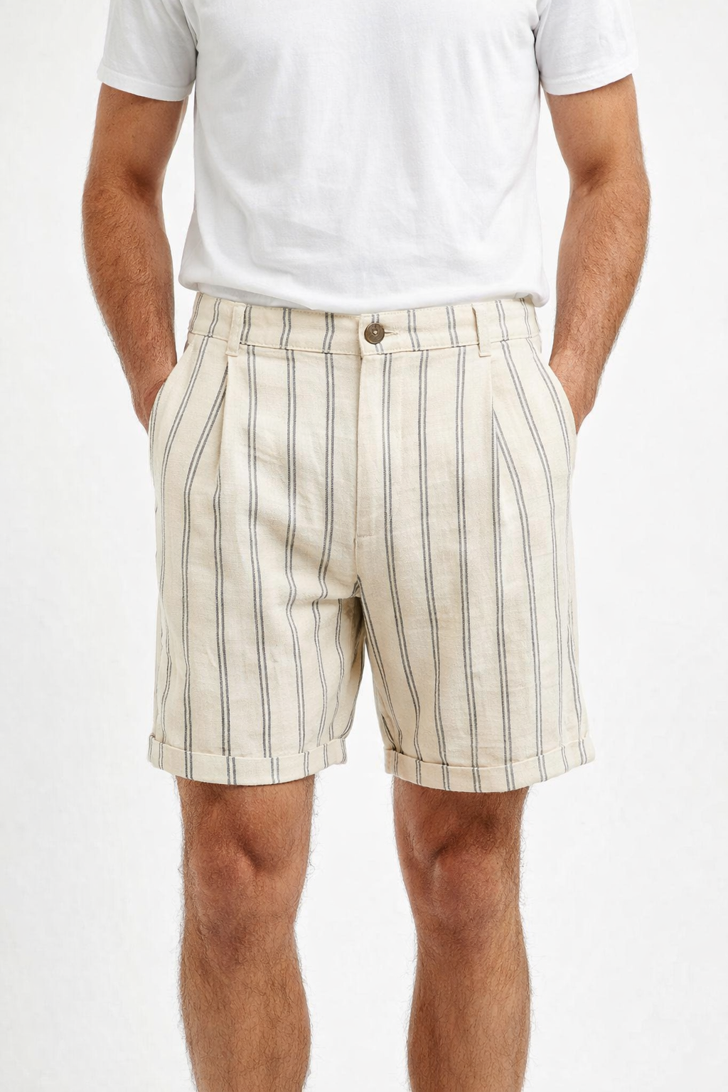 linen blend stripe shorts front view