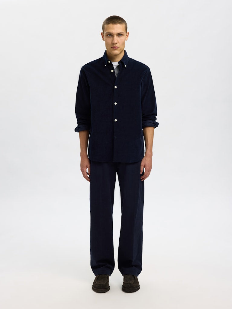 Selected Homme Navy corduroy overshirt for men, featuring button-down collar, long sleeves, and classic front button closure