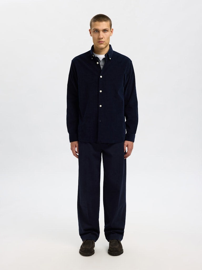 Selected Homme Navy corduroy overshirt for men, featuring button-down collar, long sleeves, and classic front button closure