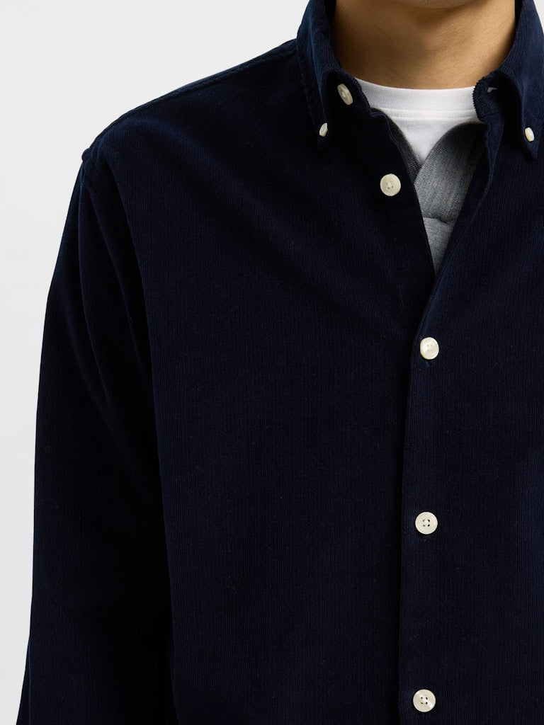 Selected Homme Navy corduroy overshirt for men, featuring button-down collar, long sleeves, and classic front button closure