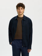 mens navy linen overshirt portrait styling