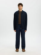 navy linen overshirt full body front view
