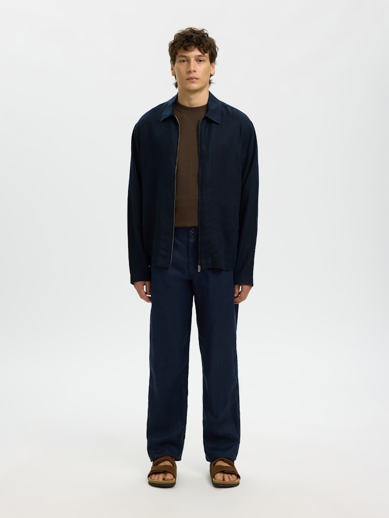 navy linen overshirt full body front view