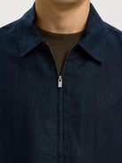 linen overshirt zipper detail navy fabric texture