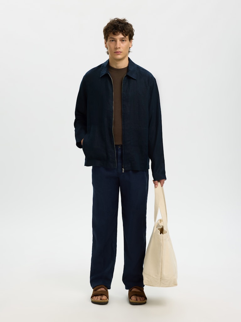 linen zip overshirt navy full outfit mens