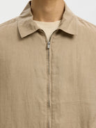 mens linen overshirt zip closure minimal design