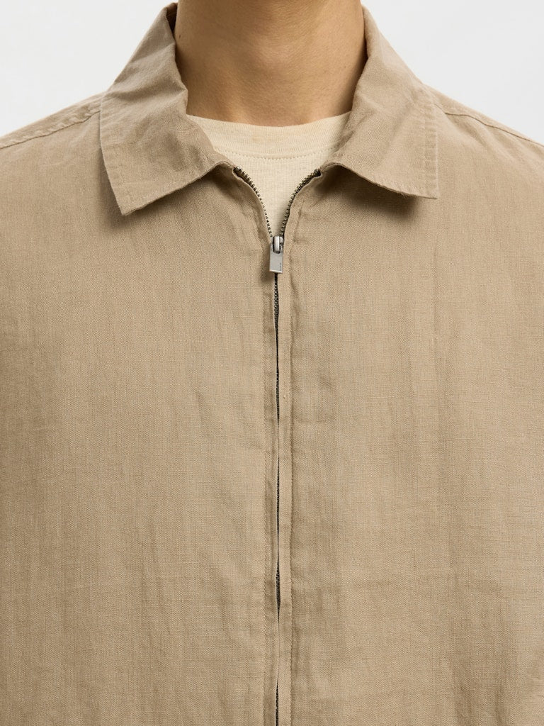 mens linen overshirt zip closure minimal design