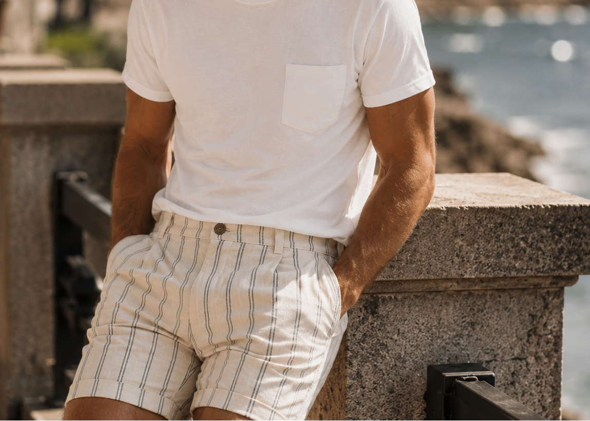 Man wearing a white t-shirt and striped shorts by a waterfront.