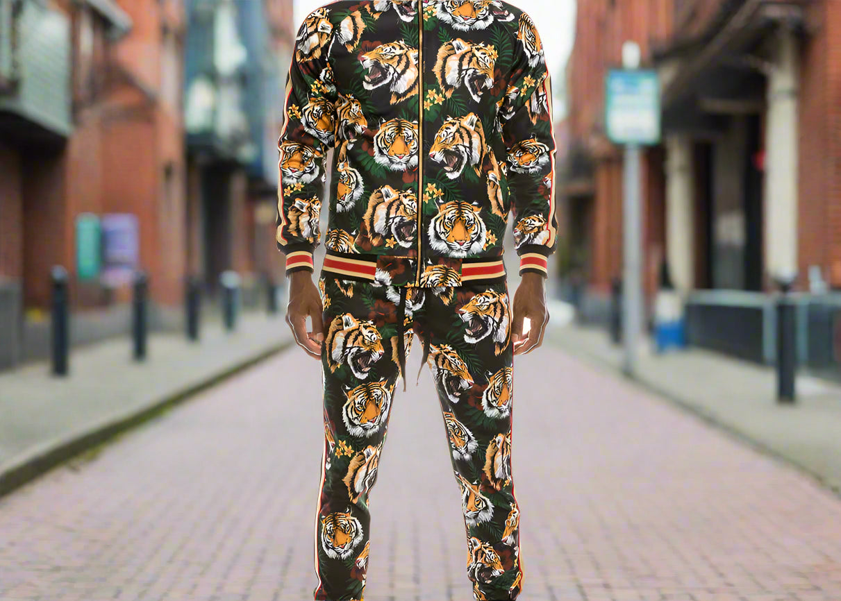 Tiger patterned tracksuit on a white background