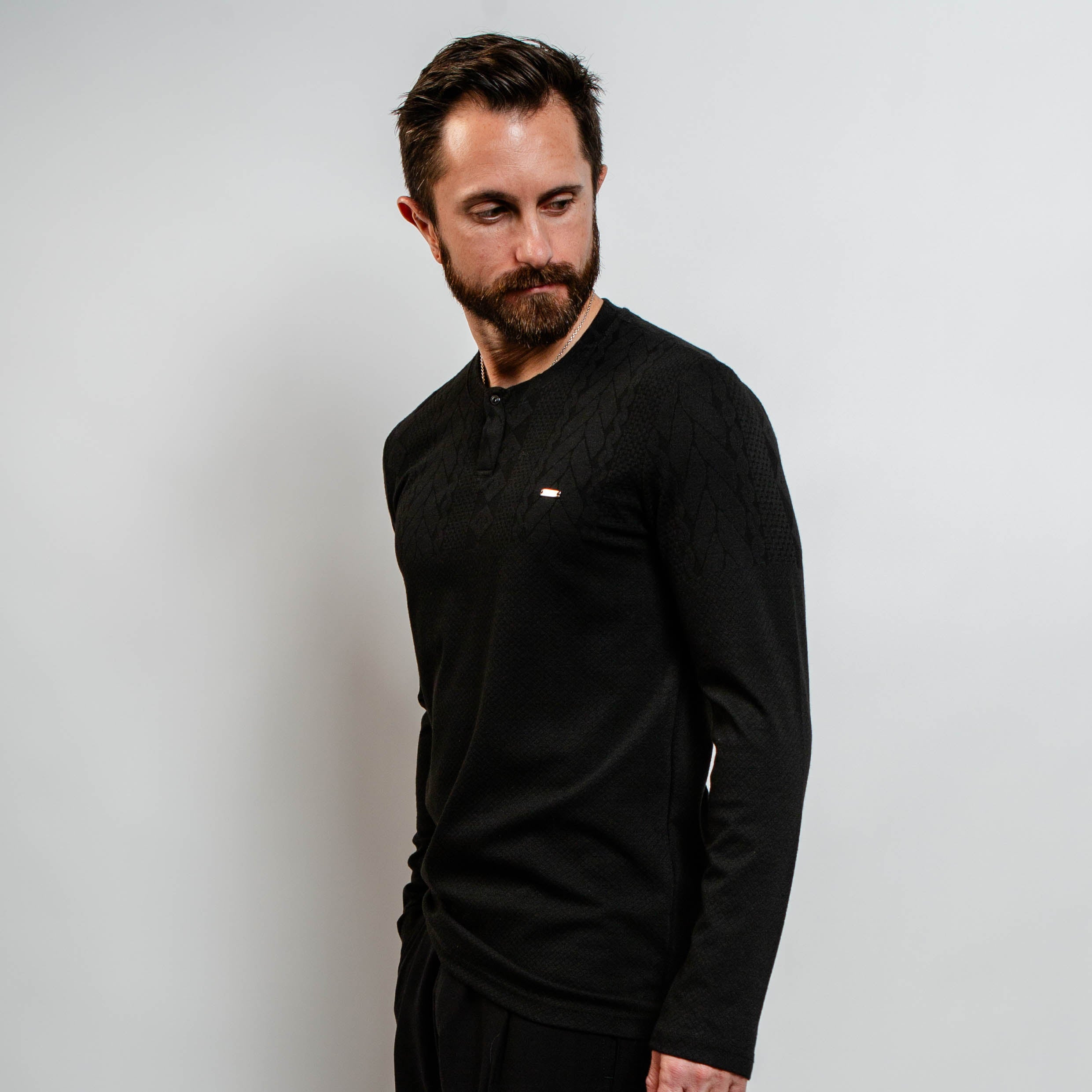 Luxury knit black long sleeve henley