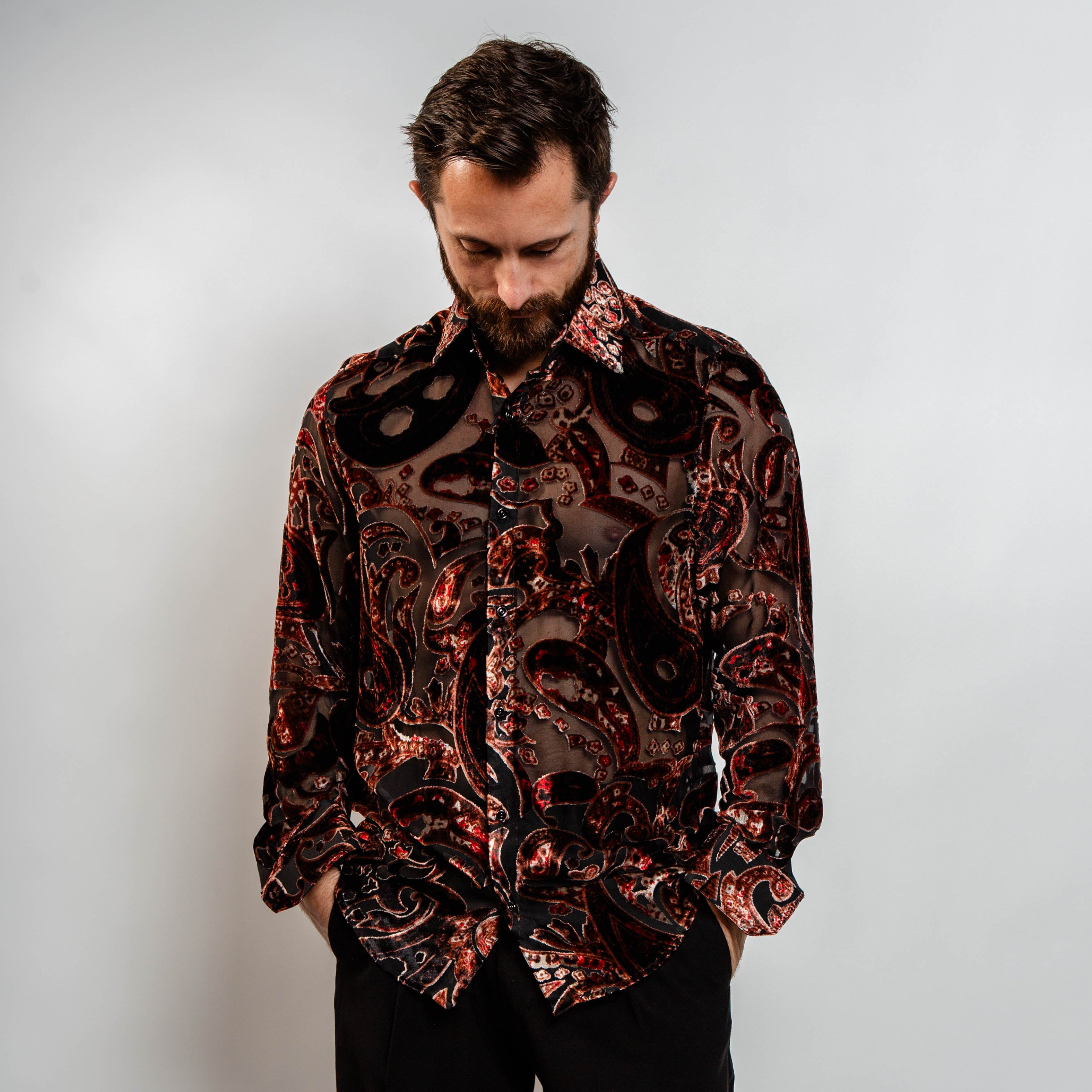 Velvet burnout paisley shirt red black